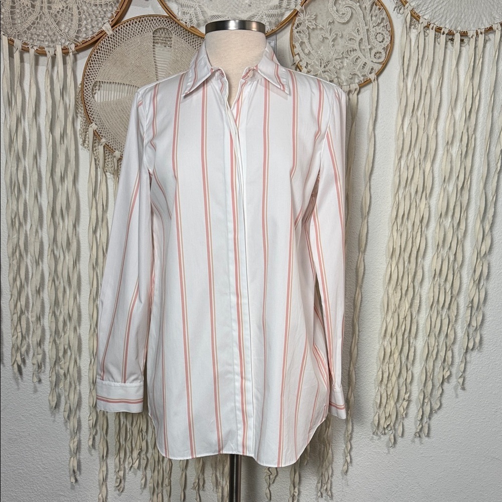 LaFayette 148 New York Velma Long Sleeve Skylark Stripe Long Button Front Blouse - Picture 2 of 10